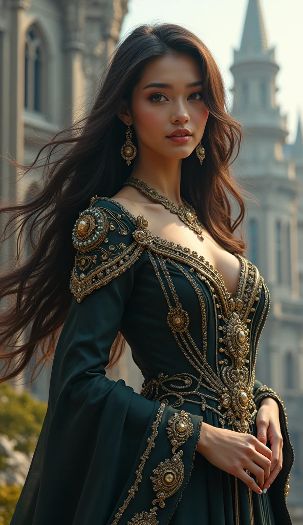 a woman in 1880s dress, a woman in 1980s outfit, a woman in 2180s futuristic outfit, masterpiece, highly detailed, photorealistic, cinematic lighting, dramatic lighting, intricate details, fashion illustration, oil painting, studio lighting, ultra-detailed