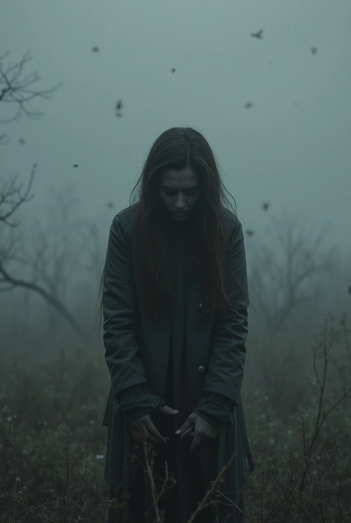 woman in white, black hair, head down facing the image, with her hair covering her eyes, tense and dark atmosphere, amidst the fog