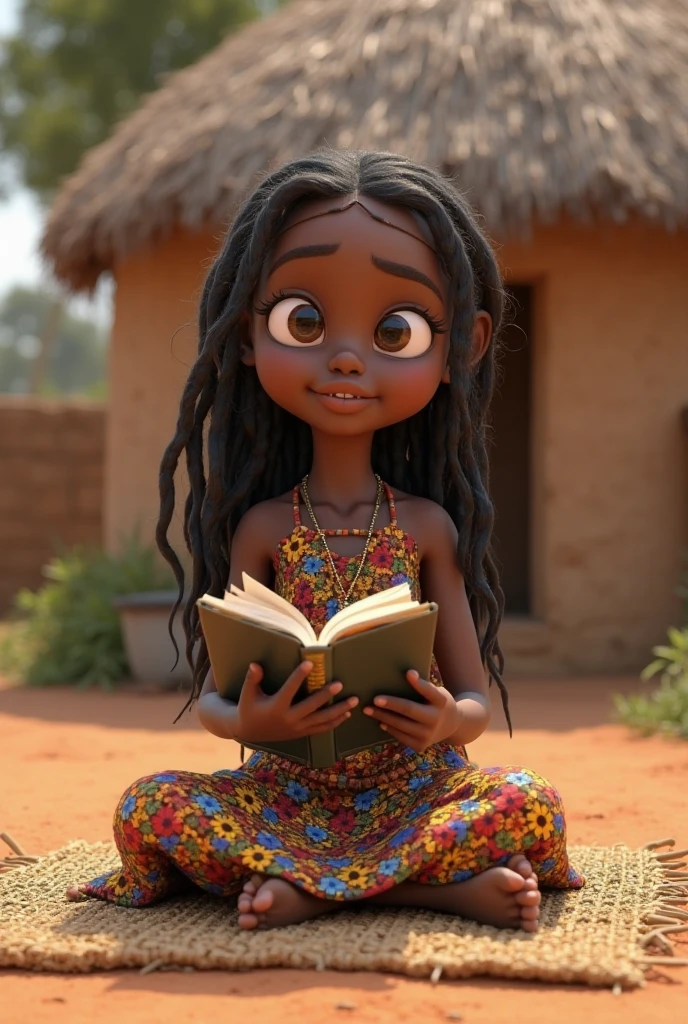 dos desenhos animados, 6 anos de idade, in pink dress standing, pele marrom oliva beautful hat, reading a letter.