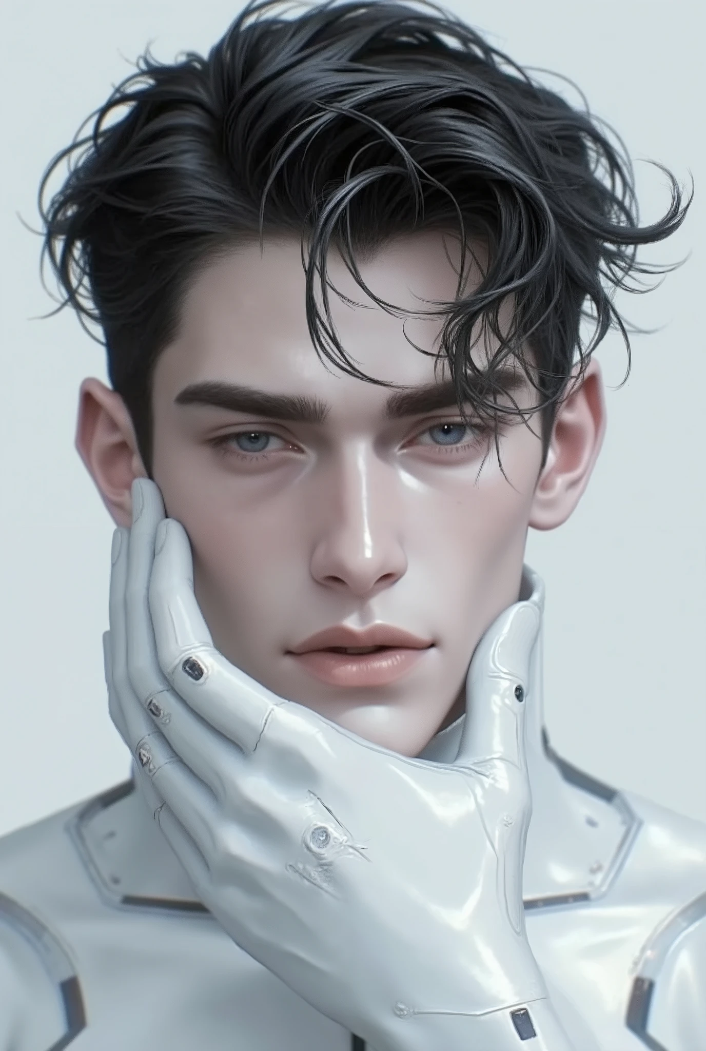(masterpiece,high resolution,ultra - detailed:1.0),1(boy,robot boy),Perfect male body,Look at the camera,Delicate eyes and delicate face,Extremely detailed CG,Unity 8k wallpaper,Complicated details,solo person,Detailed face, (white futuristic skin tight body suit), (futuristic), (toned body with bulge) color difference, Depth of field,dramatic shadow,Ray tracing,Best quality, hands visible, white gloves