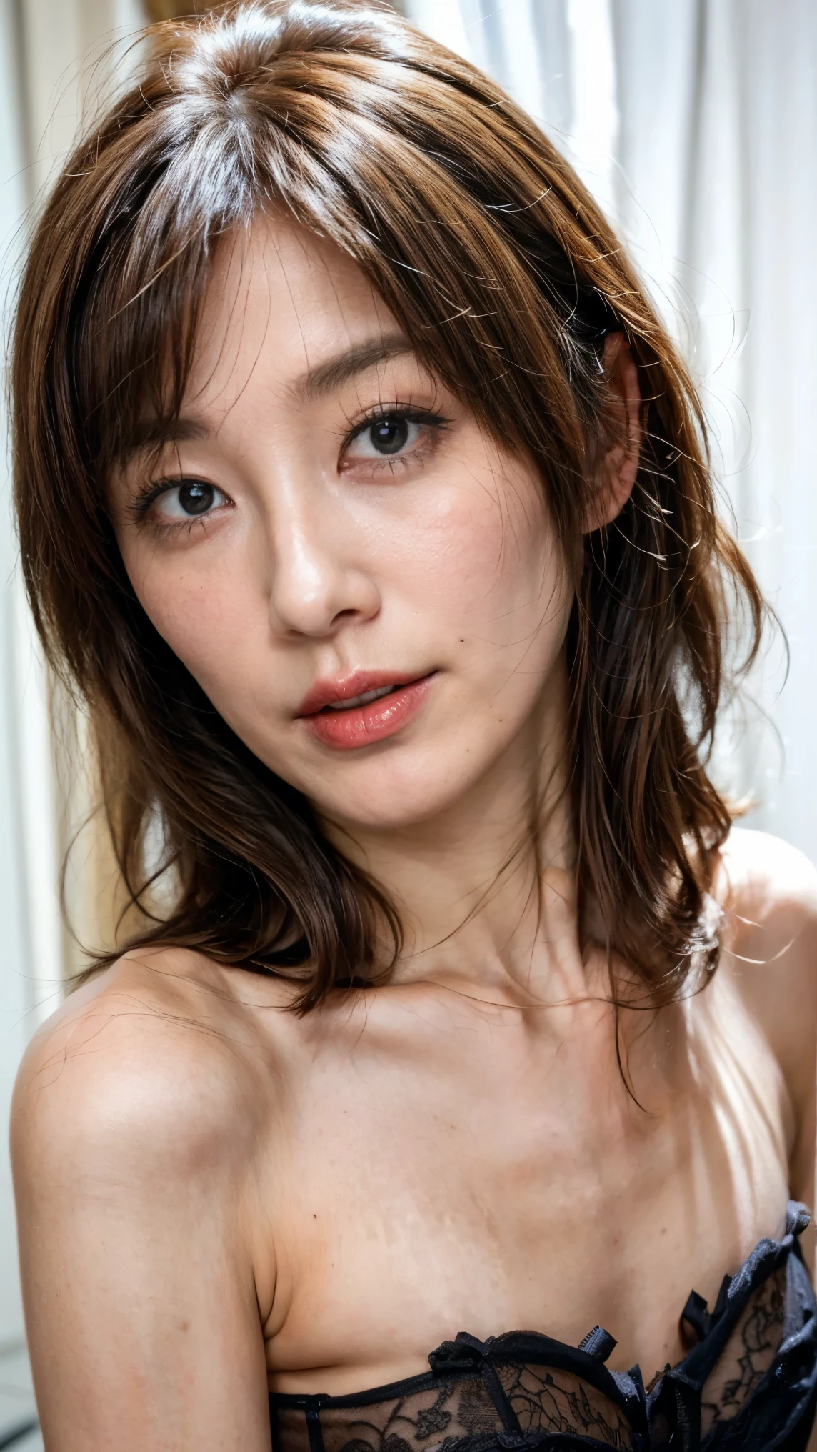1 Female,Face and body facing forward,selfie,from the front,Photorealistic,Feeling facial expression,Blushing,highest quality,8k, Ultra-high resolution,RAW Photos,well-proportioned body,Beauty,Small and beautiful breasts,Completely naked,Focus on faces,to close range,POV,Ribbed panties