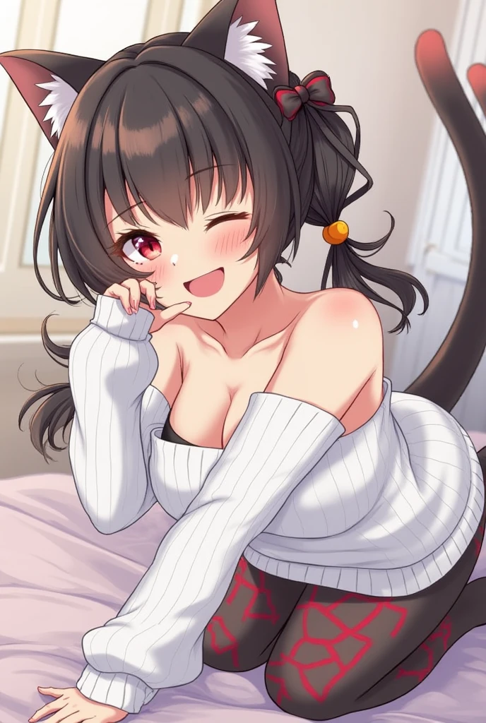 Highest quality、Extremely detailed depiction、Perfect detail、(Cute Girls、Writhing in pleasure、Ahegao、An excited expression、Tongue sticking out a little)、(Cat Costume、Twin tails、Normal position、Firm breasts:1.3)、(Put your hands up、Sleeping in bed with eyes open、Spread legs、Cute Panties:1.4)、looking at the camera、Perfect figure、Full body shot