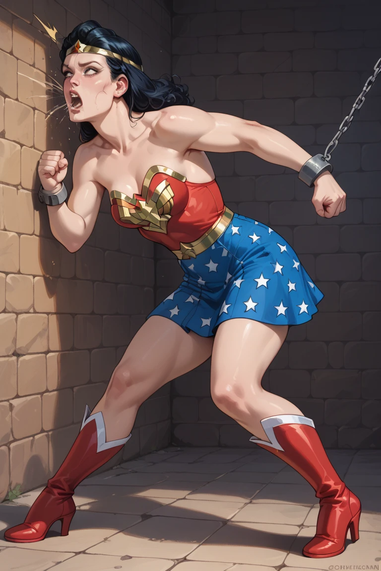 wonder woman, toned amazon body, transforming into a cow, multiple breasts, cow udder, cow muzzle, cow ears, cow tail, fur, standing and leaning against pillar, back arched, look of surprise and shock, skinindentation, bulging breasts, torn tunic, ruins of greece behind her