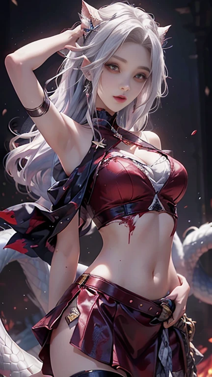 realistic, 1 women, best quality, 12k, HD, long hair, big round breasts, cleavage, ponytail, necklace, jewelry, shorts, short jacket, slim hips, hair tie, yellow eyes, black hair, super detailed, Eye details, hair details, person details, mouth details, face details, breast details, clothes details, hair details, pants details, hand details, whole body