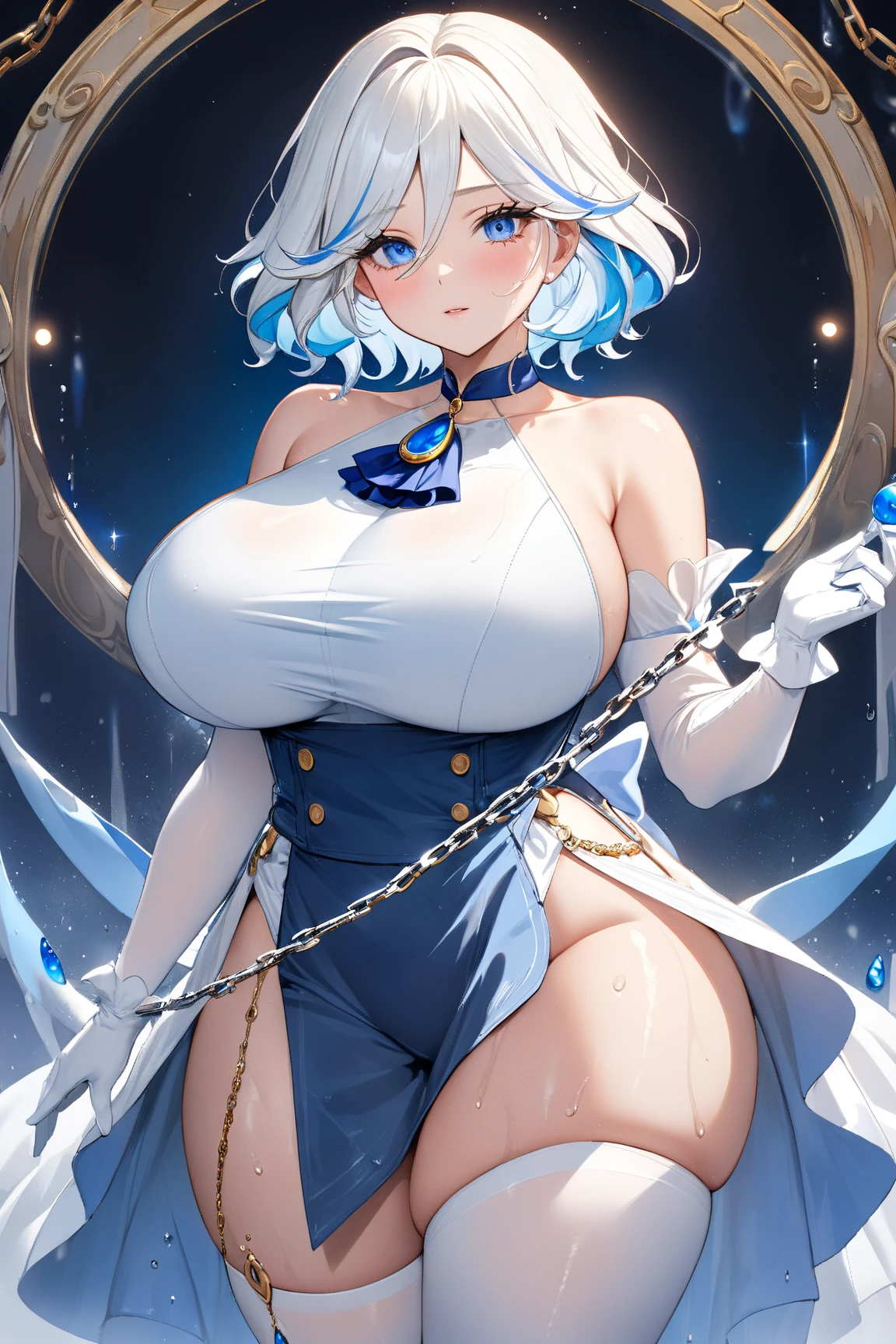 An image where Levi Ackerman is surrounding a girl with waist-length white hair, light blue eyes with star pupils white skin big breasts small waist thighs formed at more or less the age of 15 to 18 years.