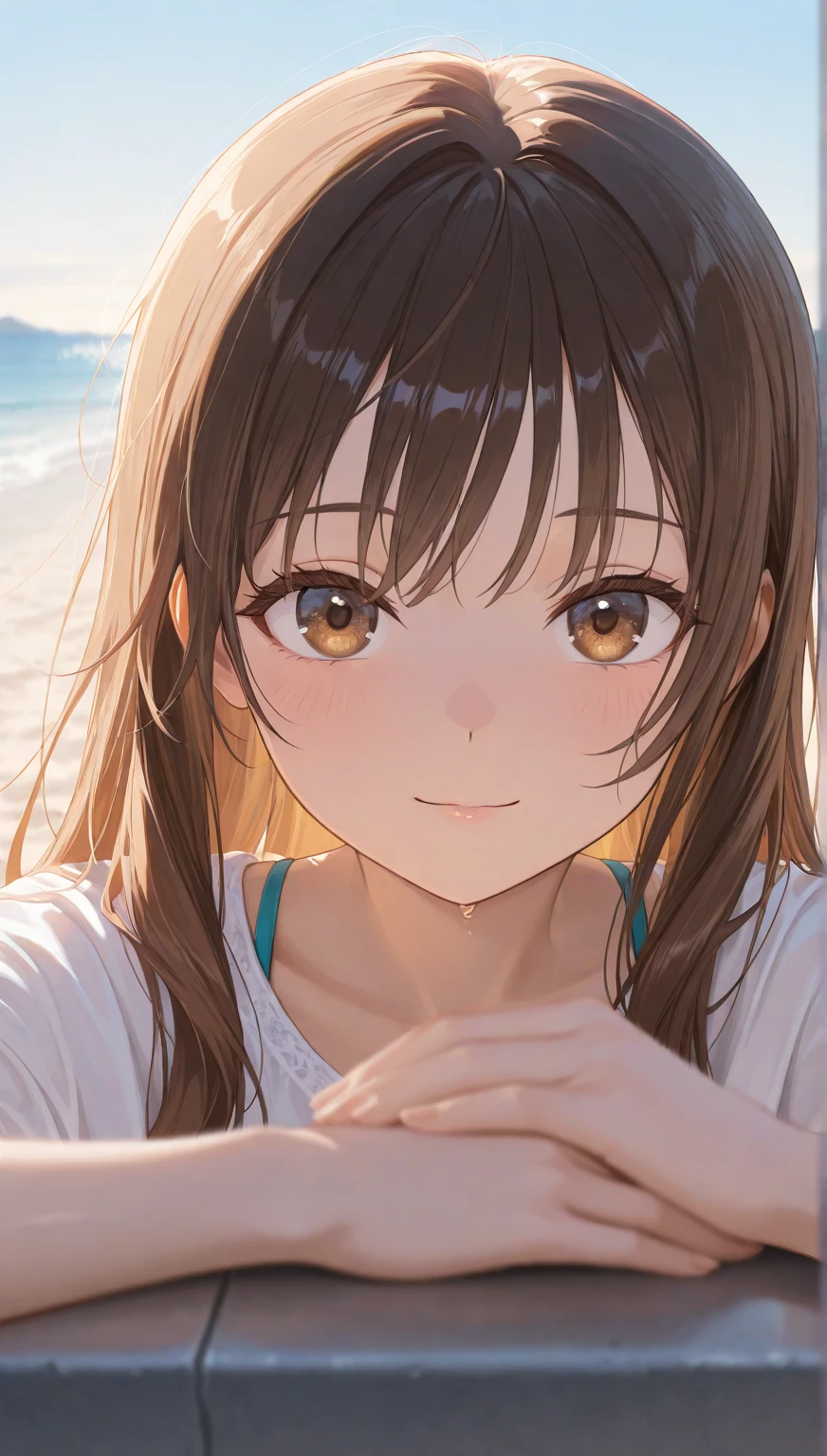 masterpiece, rich colors, Best quality, detailed, high resolution, Hyper quality, high detail, , High quality, detailing, skinny sexy girl on the beach , bright lighting , Brown eyes, anime, palm trees, bright lighting,