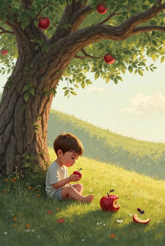 boy lying on the trunk of an apple tree