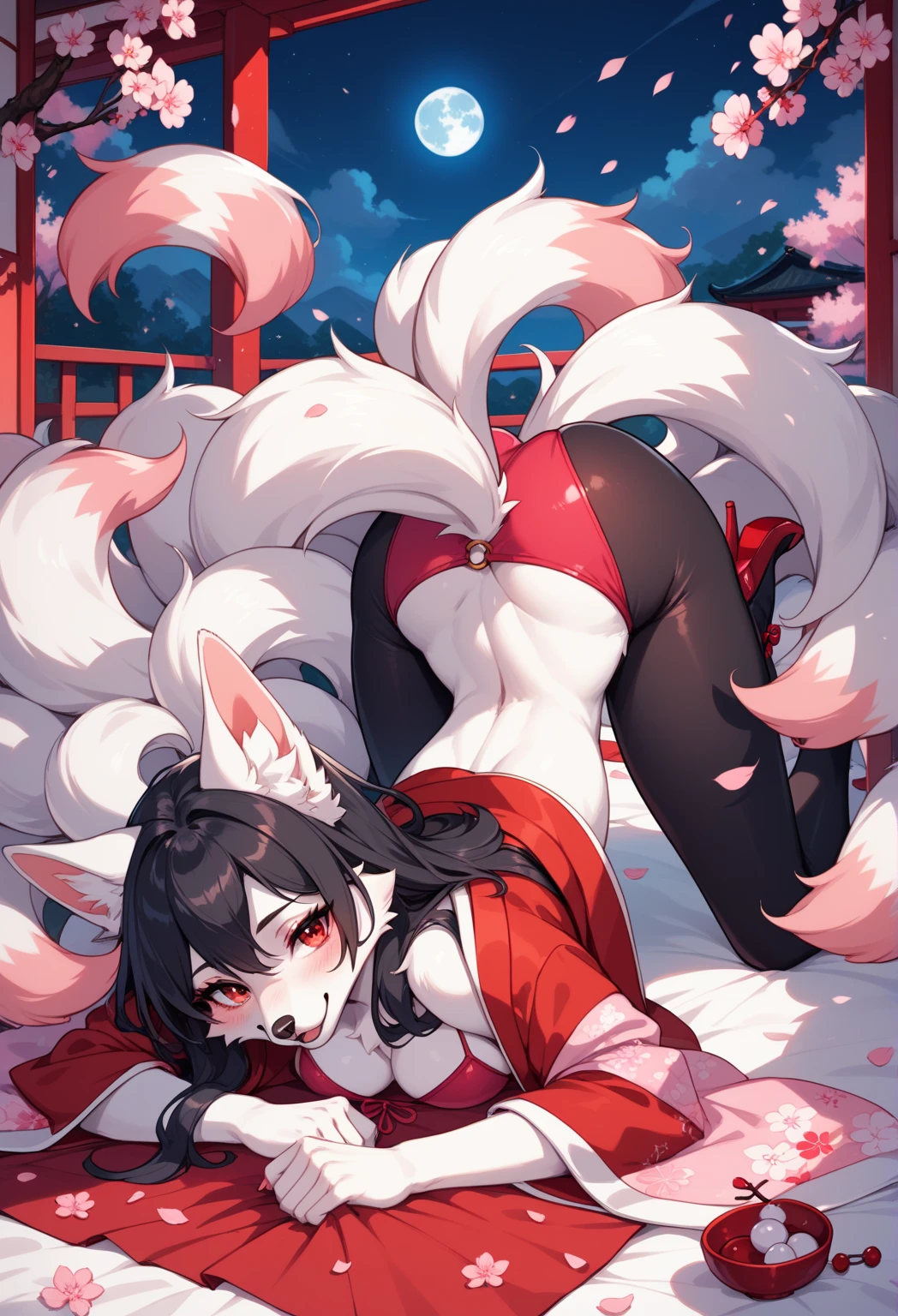 Solo, score_9,score_8_up,score_7_up, acore_6_up, score_5_up,  source_furry, kemono style, ahri from league of legends as an Anthro furry white fox girl, anthro furry fox, white furry body, black ears, indoors, wearing skimpy red string bikini, barefoot, feet paws with 4 toes,  yellow eyes, black animal ears, 6 tails, indoors, sexy pose, indoors in a magical palace, lying on her side, butt focus, on a bed