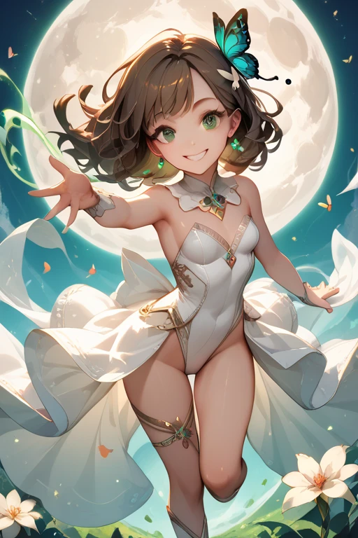 Highest quality、Very delicate and beautiful、Very delicate and beautiful、(Beautiful eyes)、Pink Eyes、I、I、、 、Japanese、、Chiquita、(armor)、(Black Hair)、((Pink leotard))、(High leg)、Tiara on head、Laughter、standing、Look forward、((The background is outer space))