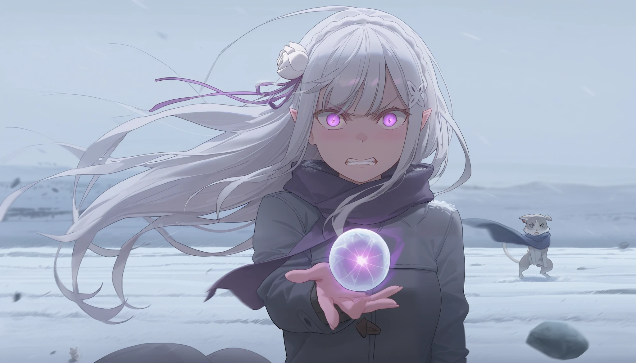 free style \(yohan1754\), masterpiece,
1girl, emilia \(re:zero\), puck \(re:zero\), frozen ball, casting spell, aura, floating clothes, floating rock, floating hair, field, snow, winter, crazy, clenched teeth, angry, glowing eyes, darkness, (blizzard, wind:1.3), looking at viewer