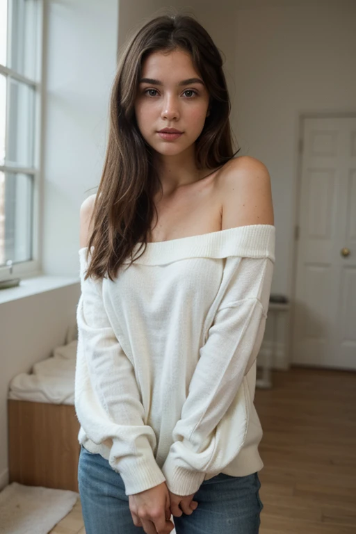 ((Mejor calidad)), ((obra maestra)), (detallado), cara perfecta, mandy kay, sonriente, off-shoulder sweater, cabello  rizado, 18 years old, looking to the camera,primera plana, mirando de costado