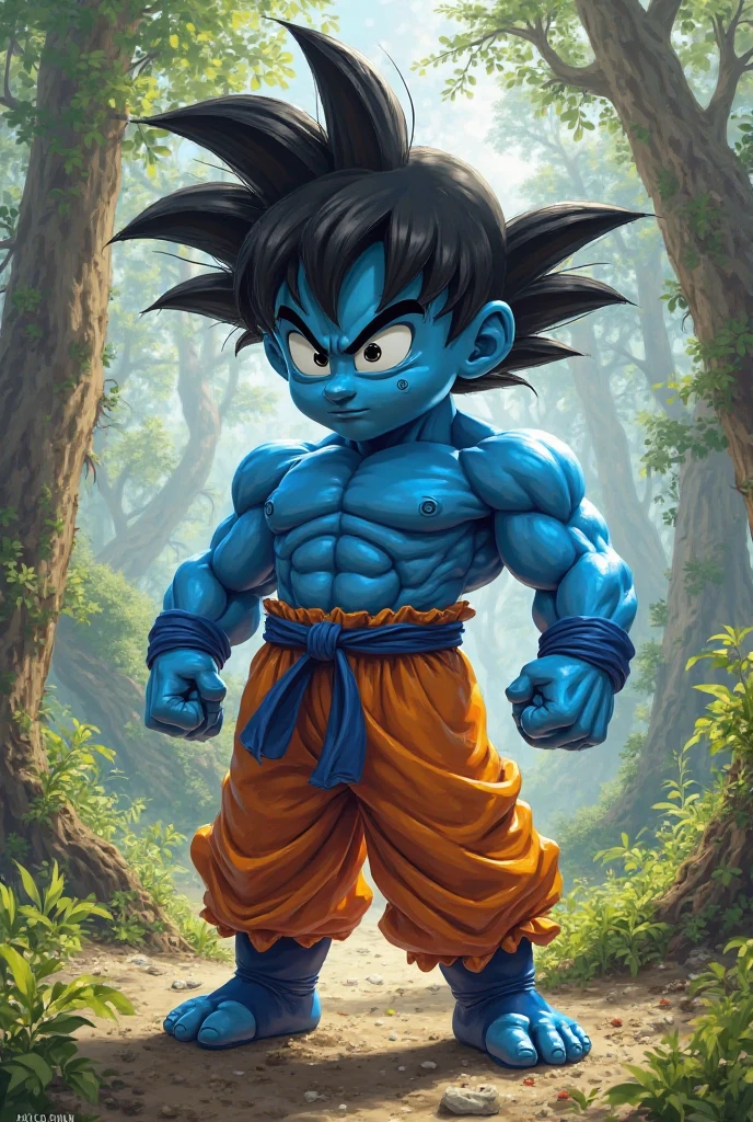Create a realistic image of the fusion of Goku and a Smurf