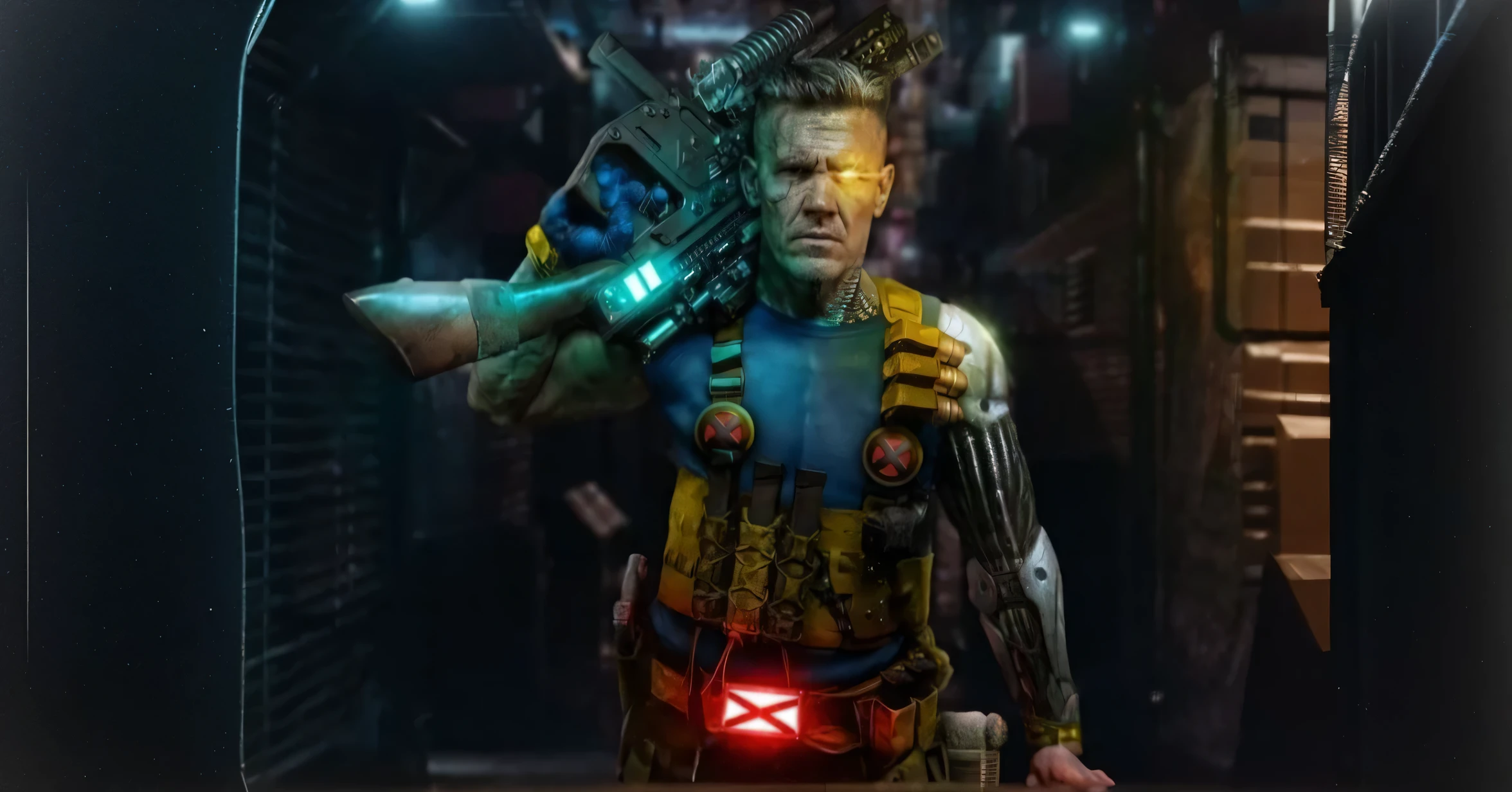 Wide angle Environmental shot in a cluttered and messy shack , action shot, tattered torn shirt, porcelain cracked skin, league of legends, vibrant, photo realistic, realistic, dramatic, dark, sharp focus, 8k."orc repairing cyborg arm as a realistic scifi cyberpunk knight, medium shot, intricate,unreal engine, cozy indoor lighting, artstation, detailed, arms crossed