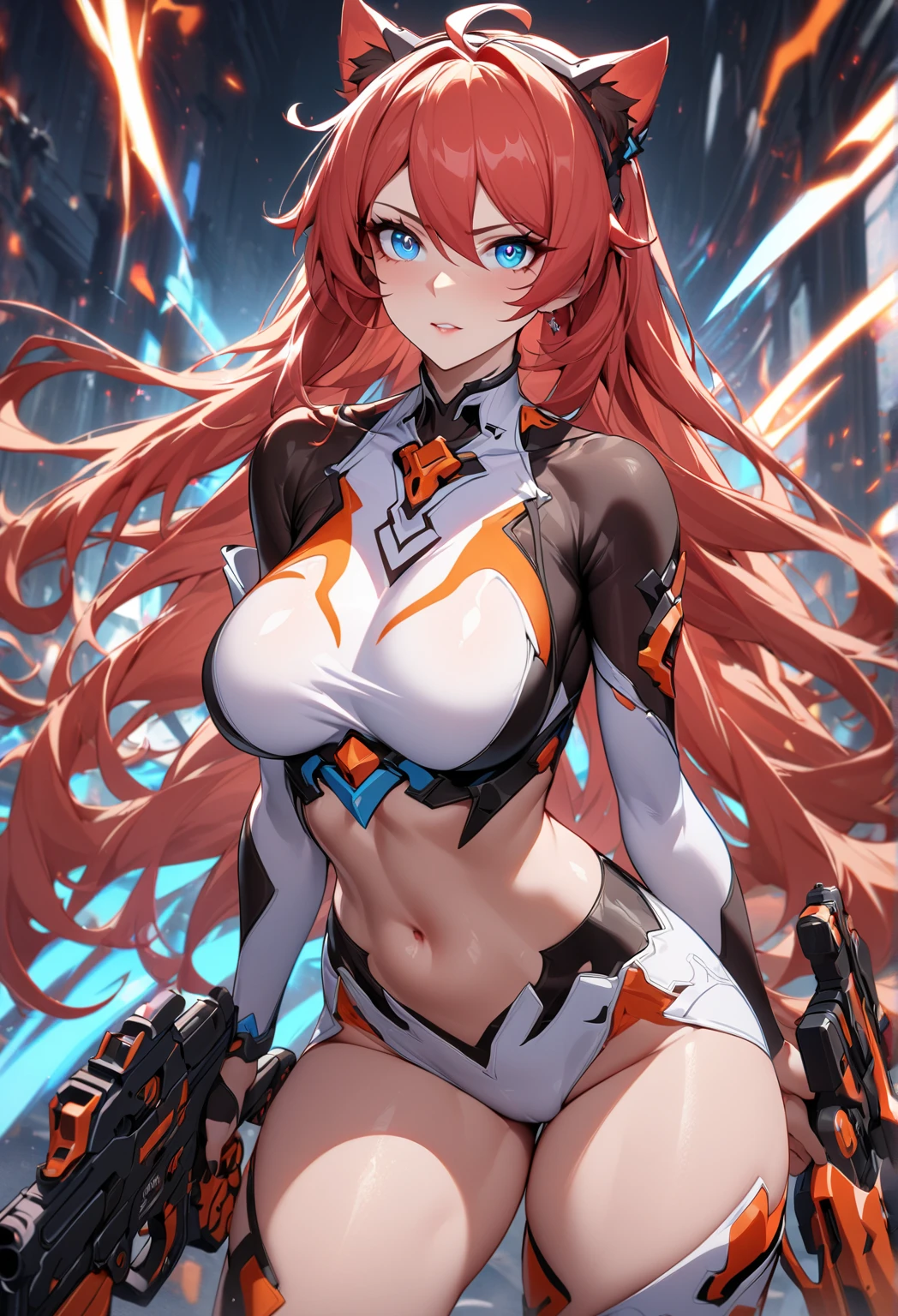 (best qualityer, work of art, colorfully, dynamic angle, highest detailded) (cangfeng), (offcial art, extreme detailded, highest detailded), (cangfeng), realisitic, long hair girl fashion photography, (details Intricate, hyperdetailded:1.55), dressing high detailded bodysuit (high resolution textures), (bright sunny_giorno), perfect lighting, plein-air, hair between the eyes, (Breasts huge:1.5), muslos grandes, skintight, (asymmetrical pants), mitts, in dynamic pose, bokeh, detailded, detailded background, mechanical right arm, torn pants, below the chest, perfect hand, hdr+, fully body, badass,