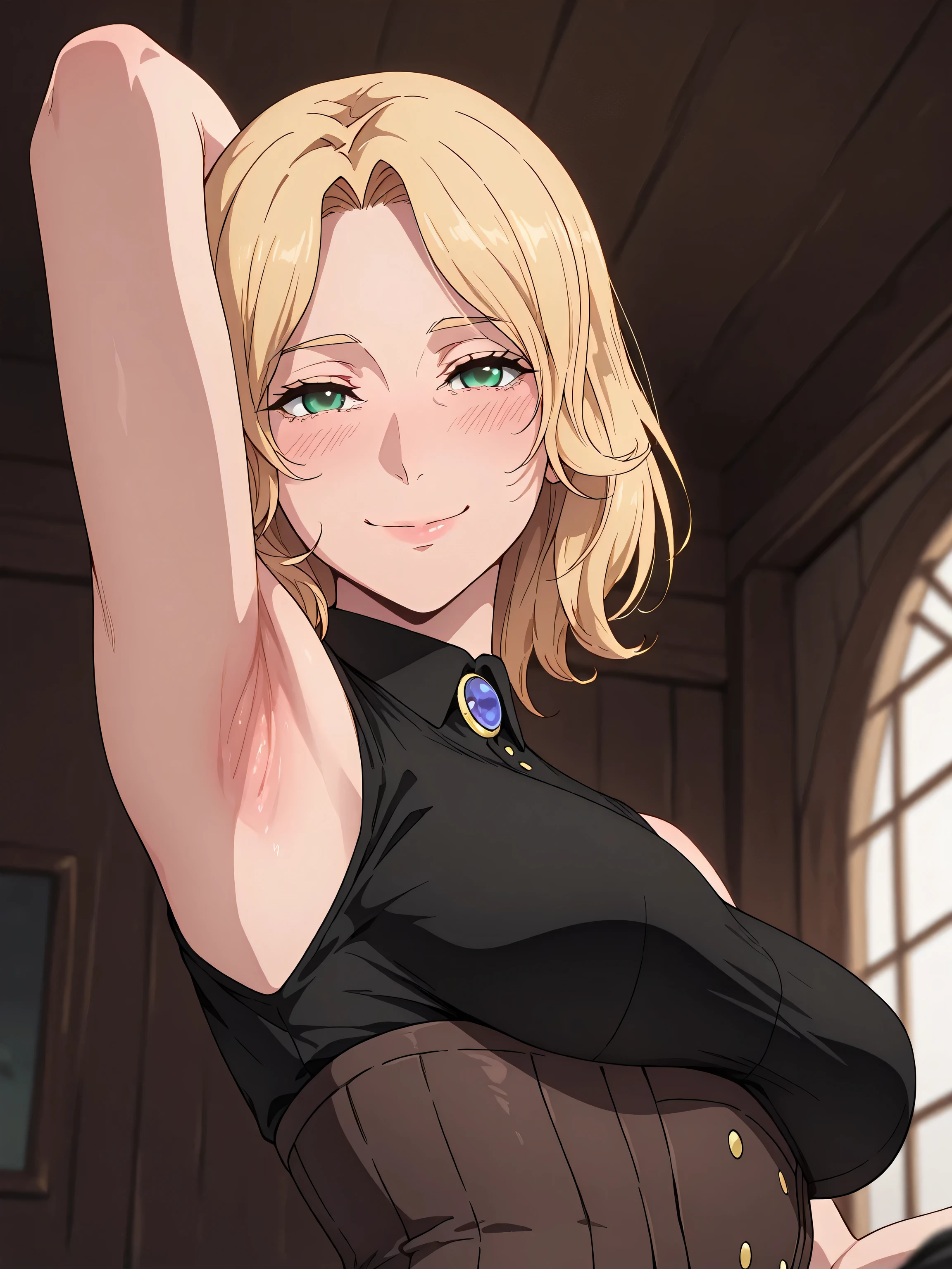 (masterpiece:1.4), (best qualit:1.4), (high resolution:1.4), anna of arendelle, blue eyes, bare shoulder, black bodice, green skirt, necklace, updo, looking at viewer, smile, <lora:anna_of_arendelle_v22:0.7>, downblouse, loose tank top, leaning forward <lora:downblouse-v1:1>
