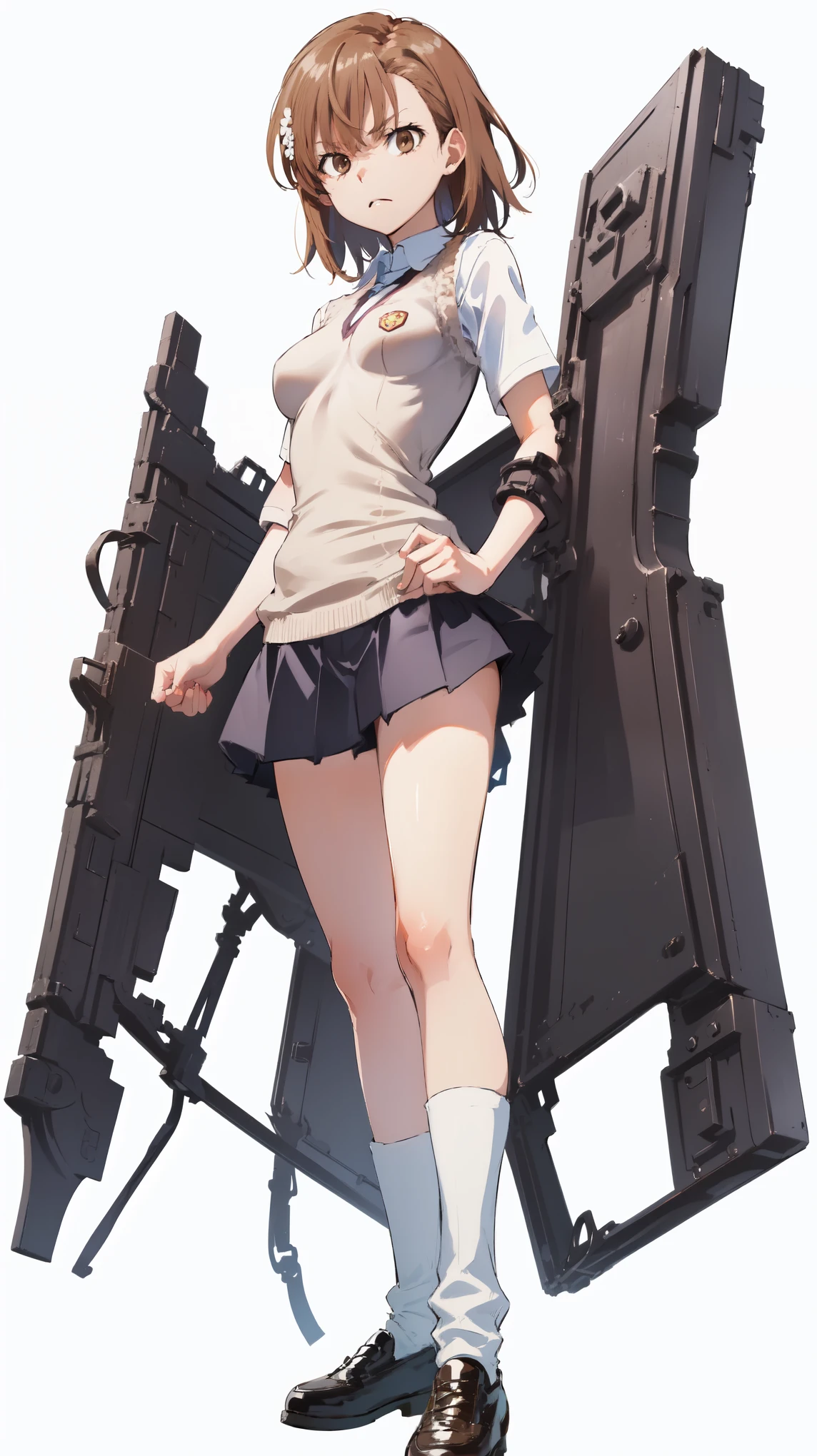 (Finger gun), (angry), legs together:1.5), masterpiece, best quality, 8k, Misaka_mikoto, solo, vibrant colors, cell shading, ((fullbody)), ((adult 18 year old:1.5)), (((adult body))), tall shapely body, brown eyes, short hair, hourglass body, ((medium breasts:1.5)), (((Perfect hands))), facing viewer, student uniform, tokiwadai_School_uniform, white shirt, sweater vest, gray miniskirt, shapely long legs, ((nice thighs)), white loose socks, (complete whole shoes in frame:1.5), ((standing full body in frame:1.5)), (((white background))), (from below:1.3), (((complete floor visible)), ((SIMPLE EMPTY WHITE BACKGROUND:1.5))