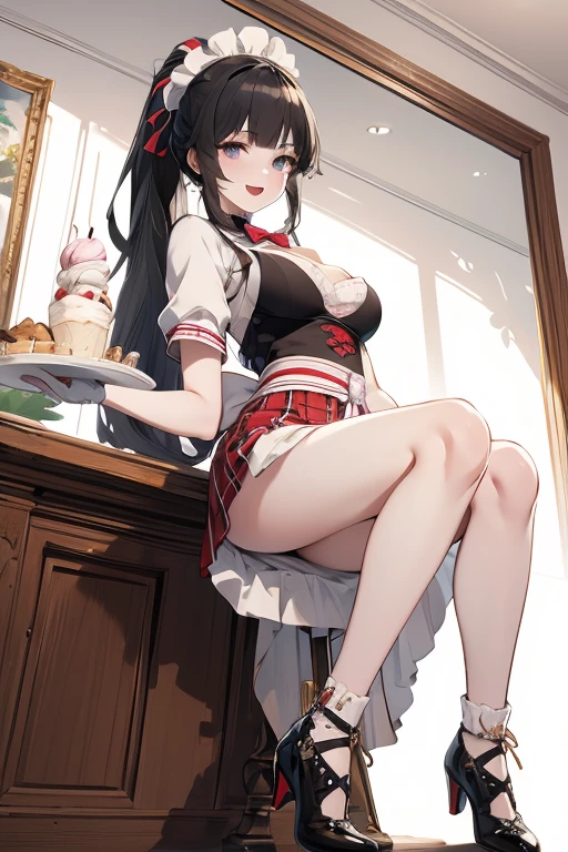 Realistic image, detailed image, coherent image. 1 beautiful girl. She has long, straight, brown hair. Red eyes, with long eyelashes. Sensual expression. She is dressed in a strapless top, pleated mini skirt. She has a curvy body, medium breasts, thick thighs. She is sitting with her legs open. showing her feet, she is on top of a carriage surrounded by apples. View from below. Arching her back. Soft focus, Dramatic shadows, Volumetric lighting, natural lighting. ISO:100