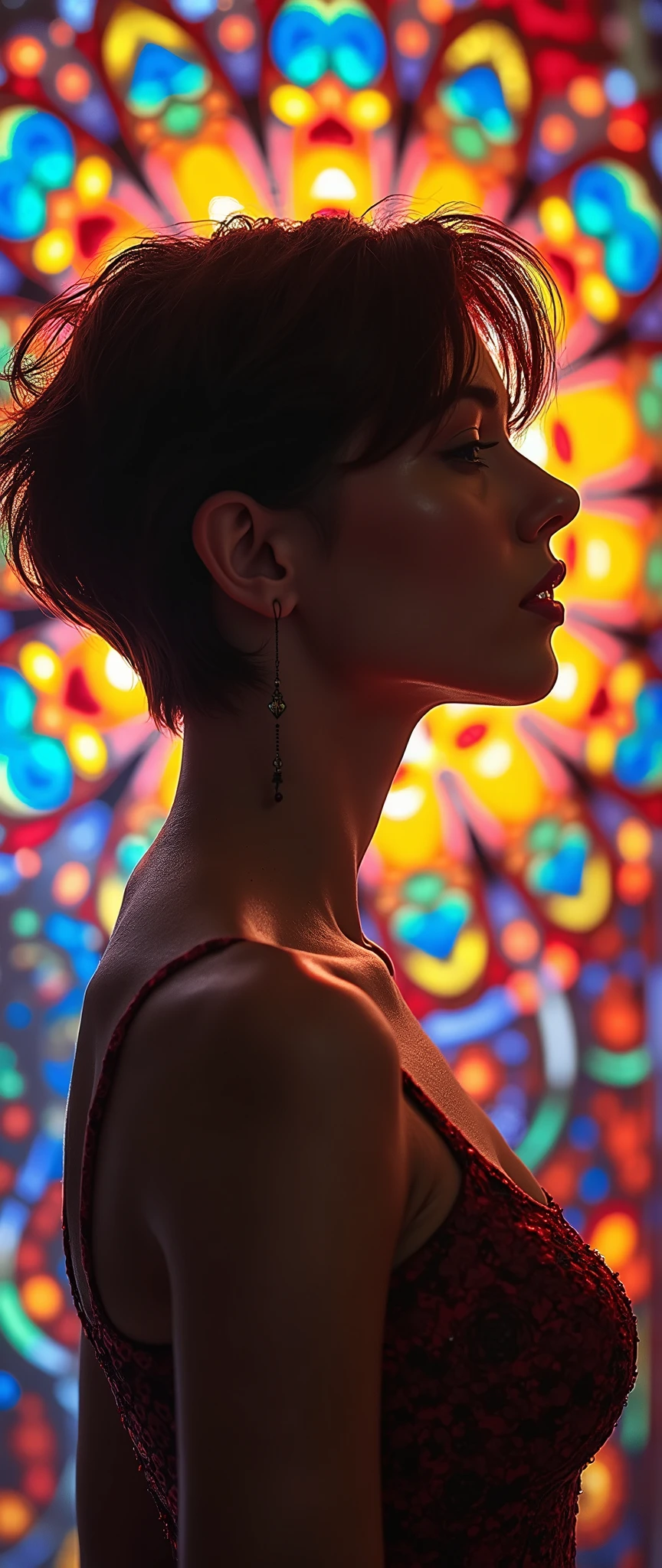 (masterpiece, Best Quality), 8k,(((very well detailed))), :1.8,Super intricate pattern, colorful pattern, Stained Glass Backgrounds。 Mandala,light up,cold, female tumbler, Sensual body with sexy berries,sexy body, sexy appearance , very short hair、Photographing the city' They both wear muggle clothes 、 Intelligent face、constricted、 facial details 、taken from the front、 full body、