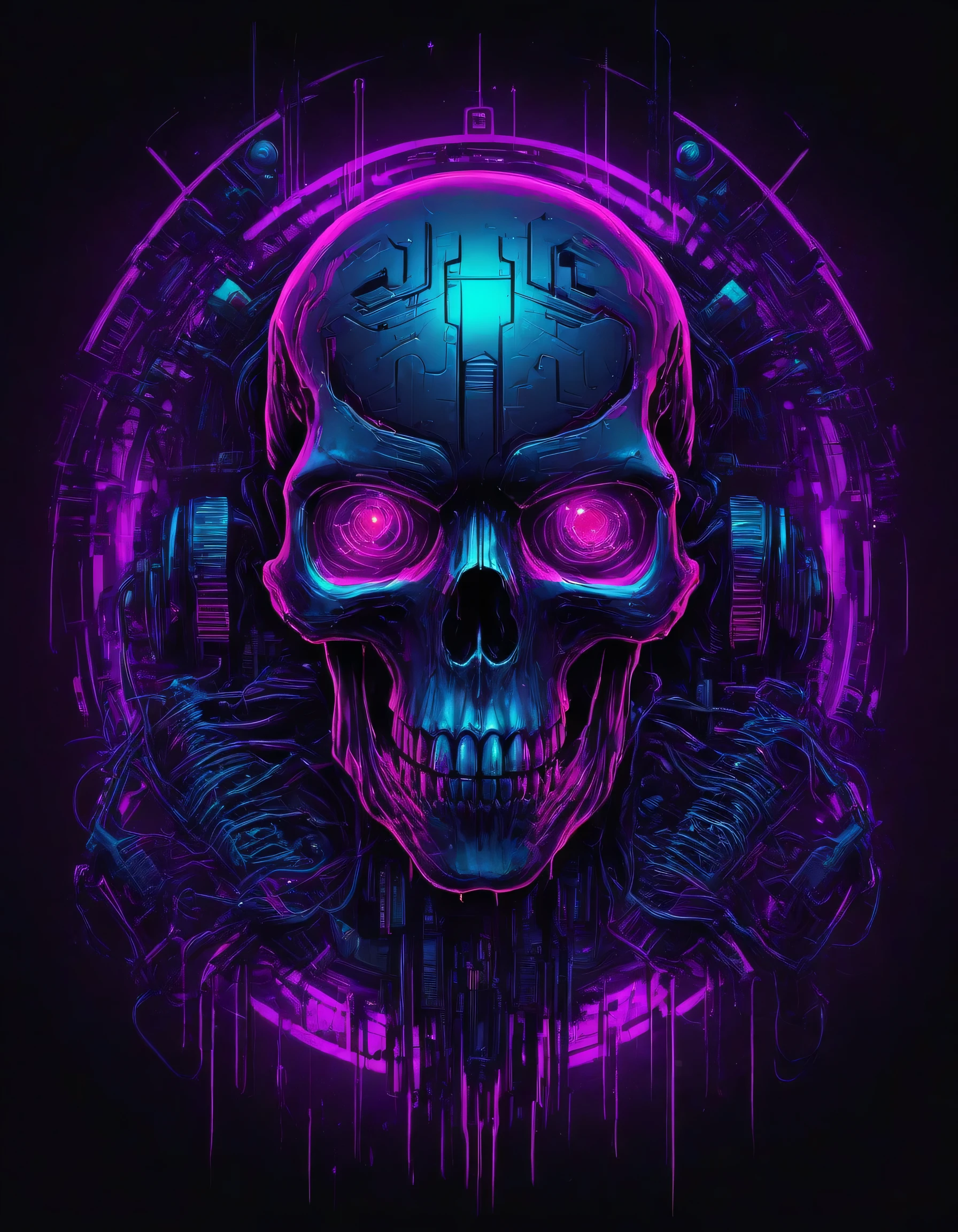 Logo design for a cyberpunk gang called 'Syntetic Bones'. The logo must convey a futuristic aesthetic, dark and rebellious, with an air of danger and advanced technology. It must incorporate a stylized skull with synthetic elements, such as cables , circuits or metal plates fused with bone. The eyes of the skull can shine with an intense neon, in shades of cyan or purple, evoking high technology and mystery of the cyberpunk world.
The background can be composed of circuit patterns, digital glitches or a dark metallic texture, giving it a clandestine gang look in a dystopian world. The typography of the name 'Syntetic Bones' must be aggressive and futuristic, with a style that seems encoded or hacked, possibly with glitch effects or neon reflections.
The main color must be a combination of black and dark tones, with contrasts in neon blue, purple or red . The composition should feel modern, striking and perfect to be used as an emblem on jackets, urban graffiti or holograms in a cyberpunk city full of Neon and technological corruption.
