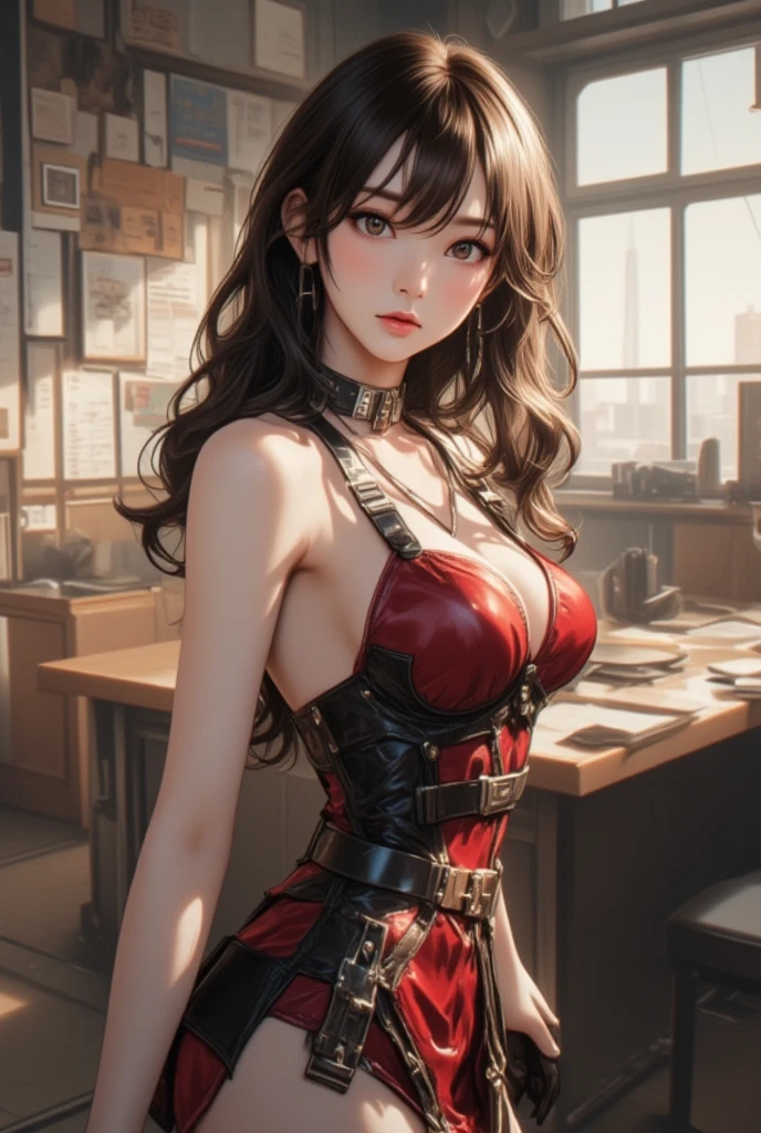 masutepiece, Best Quality, 1girl in, (Claire Redfield), Brown hair, (Yellow eyes:1.2),((bontage))、((thigh high boots))、((pantyhose))、((Bedroom))、length hair、poneyTail、((embarassed expression))、((corsets))、(Photo from below)、