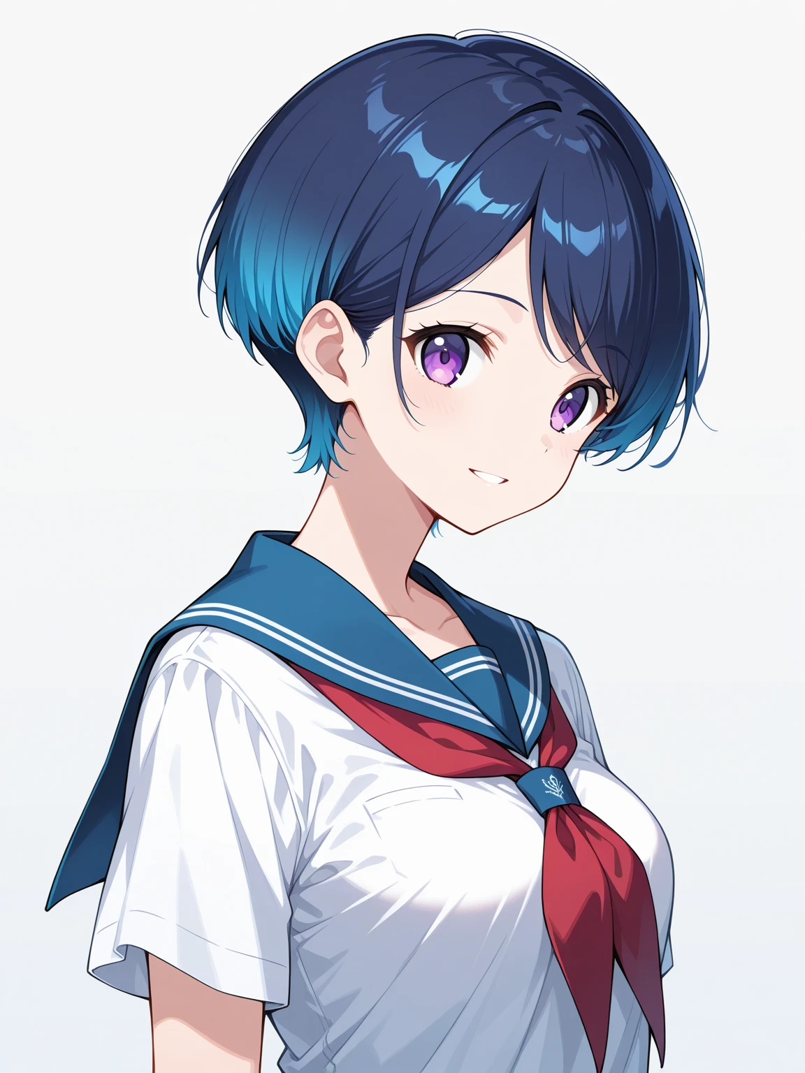 1girl, royal-blue hair, gradient hair, very short hair, swept bangs, straight hair, purple eyes, tareme, smile, parted lips, medium breasts, serafuku, white shirt, short sleeves, red neckerchief, standing, upper body, simple background, high res image, masterpiece, best quality, cute face, clear skin, shiny hair, shiny skin, ultra detailed eyes