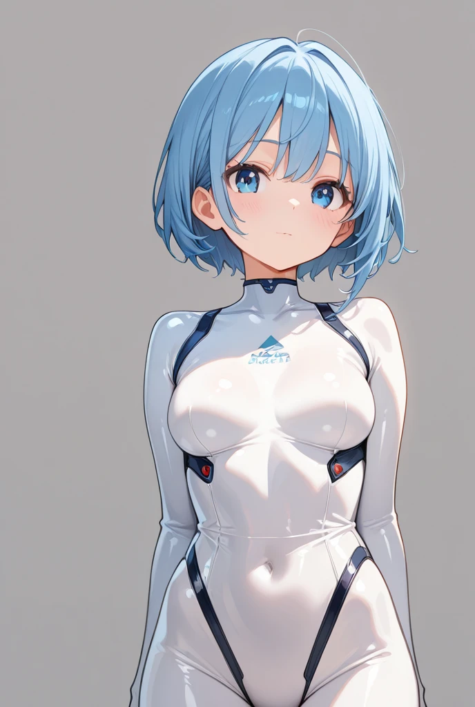 rem \(re:zero\), 1girl, solo, breasts, looking at viewer, blush, smile, short hair, bangs, blue eyes, medium breasts, hair ornament, cleavage, bare shoulders, standing, closed mouth, blue hair, collarbone, swimsuit, thighs, indoors, hair over one eye, one piece swimsuit, sideboob, x hair ornament, white one piece swimsuit, arms behind back