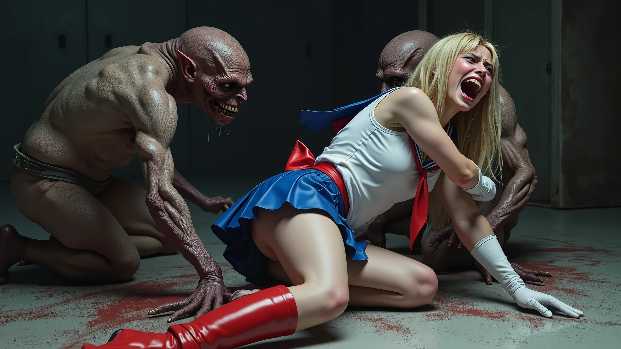 Hyperrealism, masterpiece, highest quality, A young Japanese woman is lying on the floor, ((she is crying and screaming in pain)), tears from her eyes, painful face, she is wearing a Sailor Moon costume, Blue sailor collar, Blue short mini pleated skirt, she is wearing a very short blue mini pleated skirt, (upskirt), Long white gloves, shiny beige color pantyhose, Exposed thighs, red long boots, big choker, long blonde Hair, 1 devil hold her wrists, another one is kneeling between her legs,