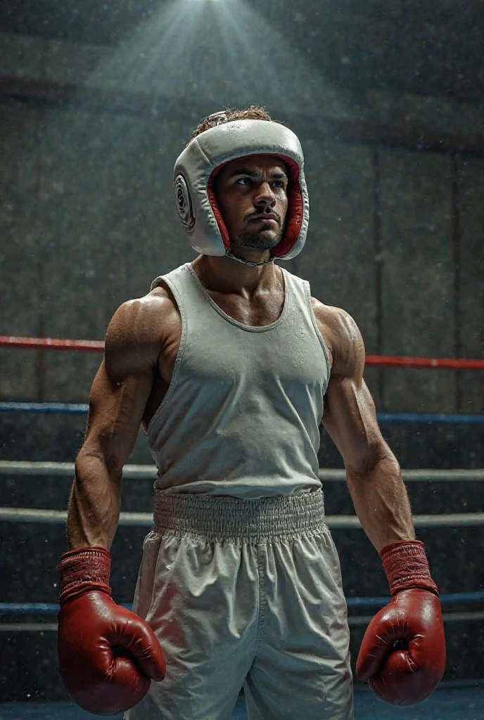 A handsome high school boxer with ripped abs is fighting in the ring.