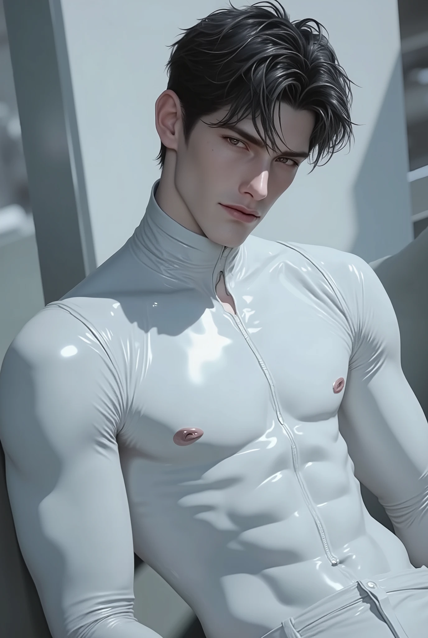 (masutepiece,High resolution,ultra - detailed:1.0),1(Boy,Robot Boy),Perfect male body,Look at the camera,Delicate eyes and delicate face,extremely details CG,Unity 8k wallpaper,intricate-detail,solo person,Detailed face, (Futuristic skin-perfect sexy white jumpsuit), Best Quality, hands visible, (White Gloves), Beautiful and delicate blue short hair:1.5 , full length shot(fls) , big thighs , big hips , insane details, hyper details , photorealistic , only male , handsome boy , puffy nipples , 16k resolution , ultra-high clarity , hyperrealism, uhd,. K-pop idol ,   whore , slutty whore , swollen nipples , defeat , grins ,thick thighs, thick hips , male , wide hips , wide pelvis ， bare thighs ,  sexy ,bare hips , epic reality ,  ultra realism , ultra photorealistic , front view , (((only boy , only male)))    , (boy ,male) ,  ((everything tight))  ,  real , ((real boy)) , (((unrealistic wide hips. , unrealistic wide pelvis)))
