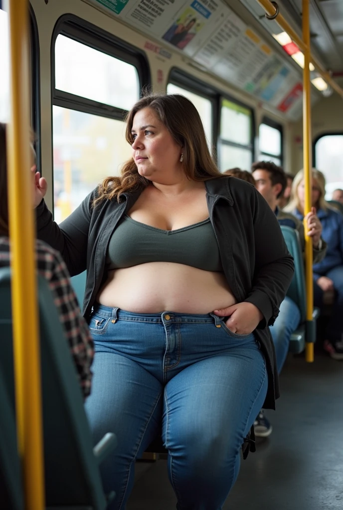 1woman,2kids,fullbody,(masterpiece:1.5),photo-realistic,16k,(beautiful 40s japanese plump lady:1.4),(crowded bus:1.6),(frilled blouse:1.5),(jeans:1.3),(sandals:1.5),(handing on wetting crotch with both hands:1.6),(whimpering:1.6),(panicking:1.6),(crying:1.6),(wetting:1.7),(dripping pee:1.4),brown straight medium hair,black eyes,makeup,lipstick,eyeliner,mascara,eyeshadow