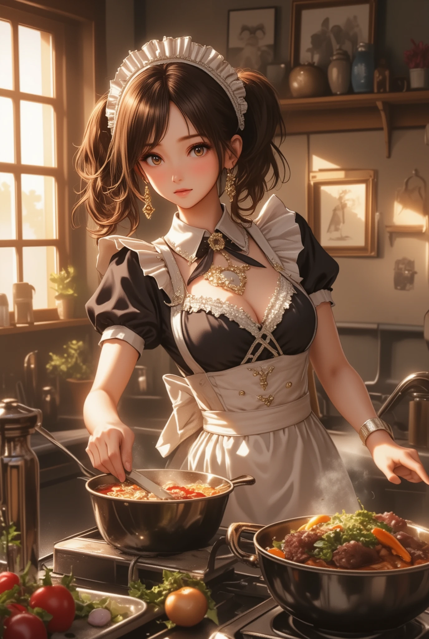 (dynamic angle:1.3, front view:1.1, breast focus:1.3, from above:1.1), (dynamic posing:1.2, sexy posing:1.2), (seductive smiling:1.3), ((holding Pasta on a plate,Taking the pasta out of the pan, worried about the outcome:1.2)),highest quality、(real、photorealistic:1.4),(ultra high resolution, 8K RAW photo, clear focus), best qualtiy, natural lighting, field depth, (Bright pupils, detailed beautiful eyes, high detailed face), Red lip, (tight focus:1.2), a girl 22yo old, Wearing a pastry chef uniform:1.3 , Thicc, thin breast, long hair, blue eyes,garter stocking, cleavage:1.2, midriff, black shorts, black thighhighs, thigh strap, pretty girl, (highly detailed beautiful face and eyes,firm breasts),real skin,((black,hair,long pony tail hair)),thin pubic hair,cute,lovely, detailed eyes,(double breasted:1.0,under bust:1.0),(with sparkling eyes and a contagious smile),open mouth, Looking at Viewer,A scene of make cooking Carbonara Pasta in the kitchen