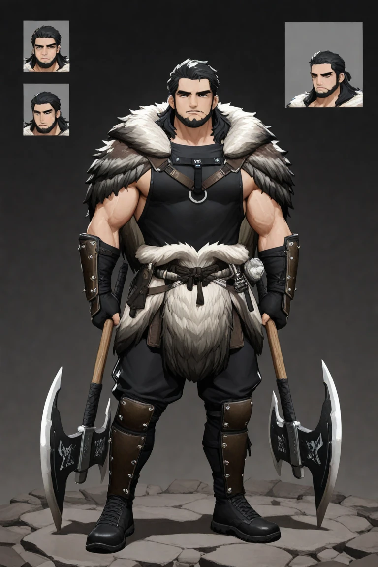 Game character standing drawing design,Black Bear Warriors,Fur shoulders,Stout limbs,Muscle explosions,Equipped with a huge chain boxing holster,Different layers overlay,Different angles,(Left view full body:1.4),solid color backdrop,clean backdrop,depth of fields,high light,Real light,Ray traching,OC renderer,UE5 renderer,Hyper-realistic,best qualtiy,8K,Works of masters,super-fine,Detailed pubic hair,Correct anatomy,