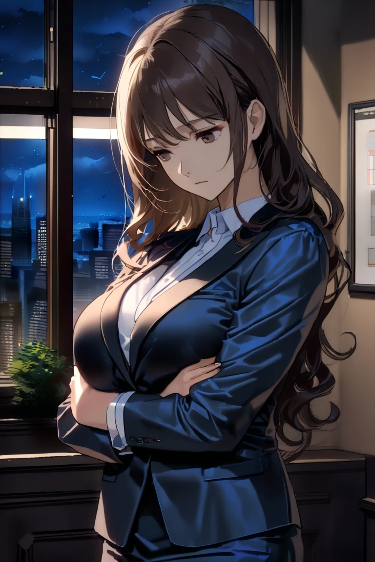 1girl in、独奏、Bewitching anime busty woman in blue suit and tight skirt、Black tights,Inviting look、Show off your chest、Shirt and brown hair,Ecchi anime style, bending forward,Kamimei,Red Light District at Night,neons、Bokeh in the background