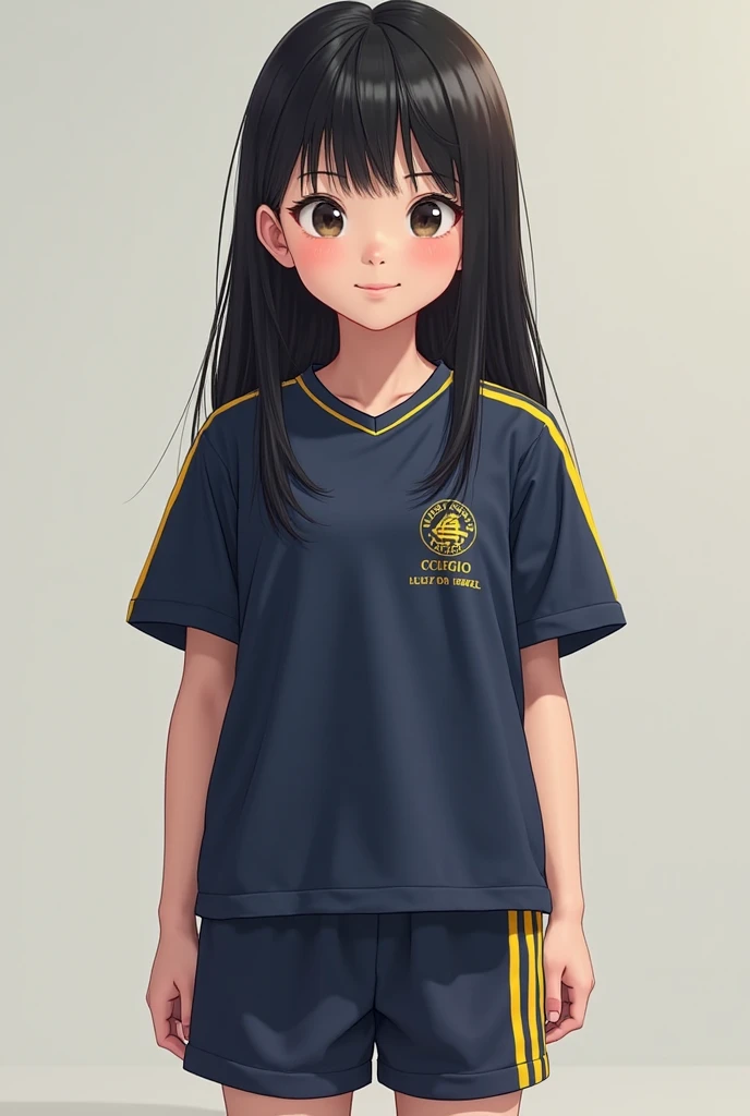 Screenshot of My hero academia A girl with long black wavy hair with gray highlights, with straight bangs and navy blue eyes, He wears the UA uniform, in the background an AI class