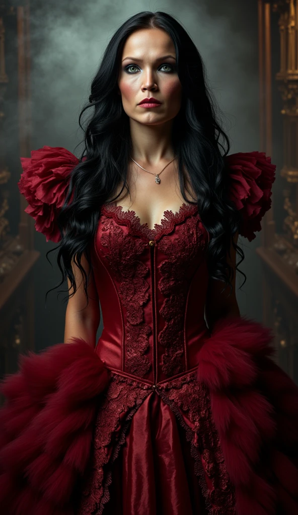 The witch, Gerzo，Fluffy brown curls，Red gold-rimmed exotic dress