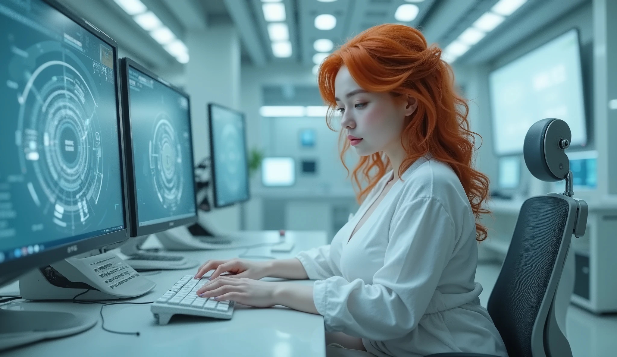 far elevated shot of (1woman), wide frame shot, full body pose, an albino woman, an European mix [[Asian]] woman,  ((white pale skin)), (((albino))), cute chubby, big breast, thick thighs, red hair, working on futuristic computer with several monitors, looking at viewer, wearing a cotton crop top shirt, and tight mini skirt, and (((high heels))), exposing her legs and foot, (legs), the futuristic cyber-themed indoor environment surrounds her with soft lighting, sci-fi interior, detail face, detail and realistic fingers, high definition, best quality, 4K