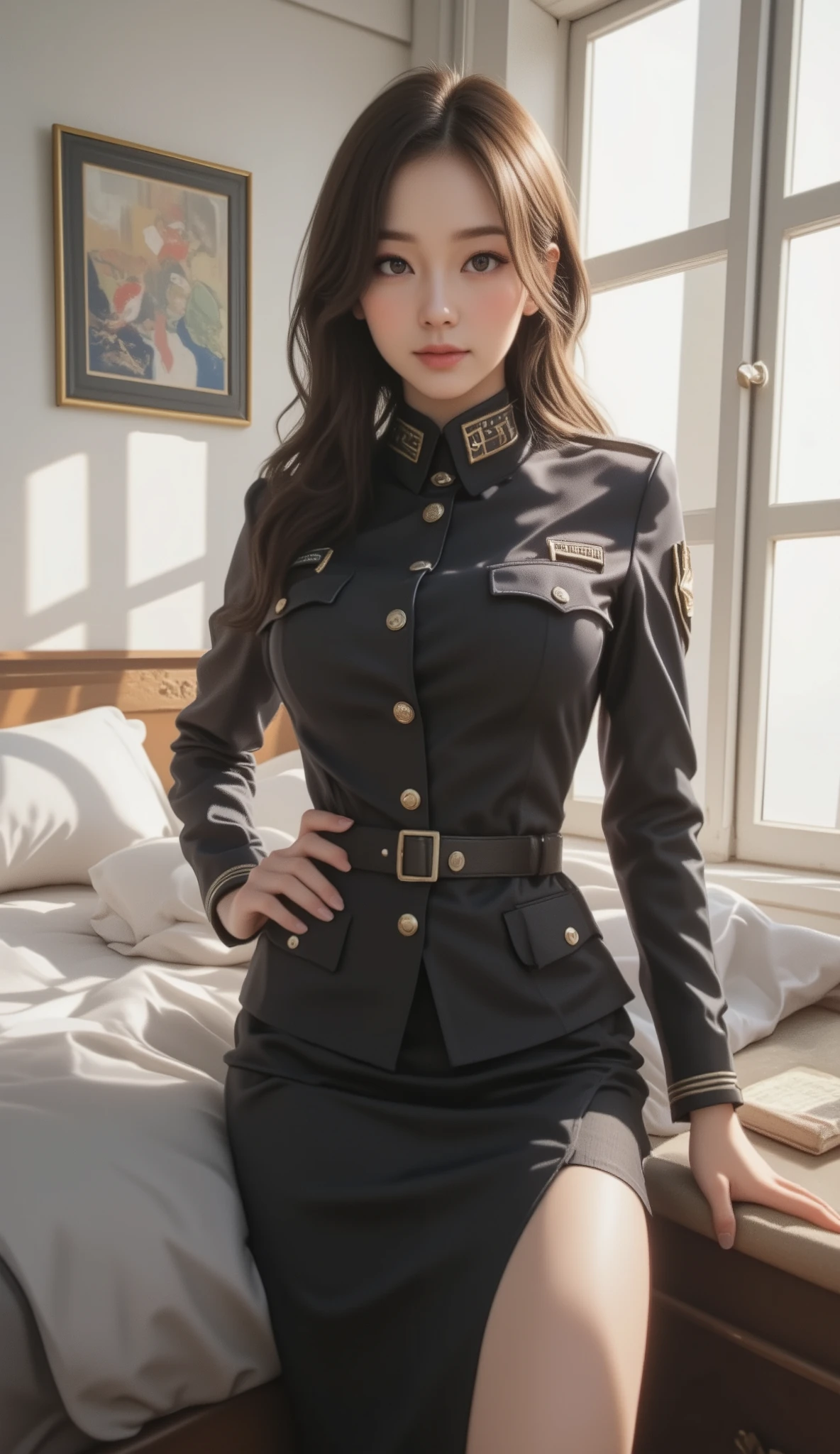 1girl, beautiful vintage color, instagram (photorealistic, high resolution: 1.4), looking at the viewer, , full body (8k, RAW photo, best quality, masterpiece: 1.2), (realistic, photo-realistic: 1.37), (sharp focus: 1.2), professional lighting, photon mapping, radiosity, physics-based rendering, (pale skin: 1.2), (small breasts: 1.2), looking at the viewer, (middle hair: 1.5), red hair, portrait, purple eyes, (chipped hair: 1.1), bangs, (simple background: 1.4), soil, upper body, realistic, (masterpiece: 1.4), (best quality: 1.4), (shiny skin), fashi-girl, makeup, smile (thin, closed mouth, shy: 1.3), (standing, black stewardess uniform, necromancer: 1.1), medium bust, sexy pose,