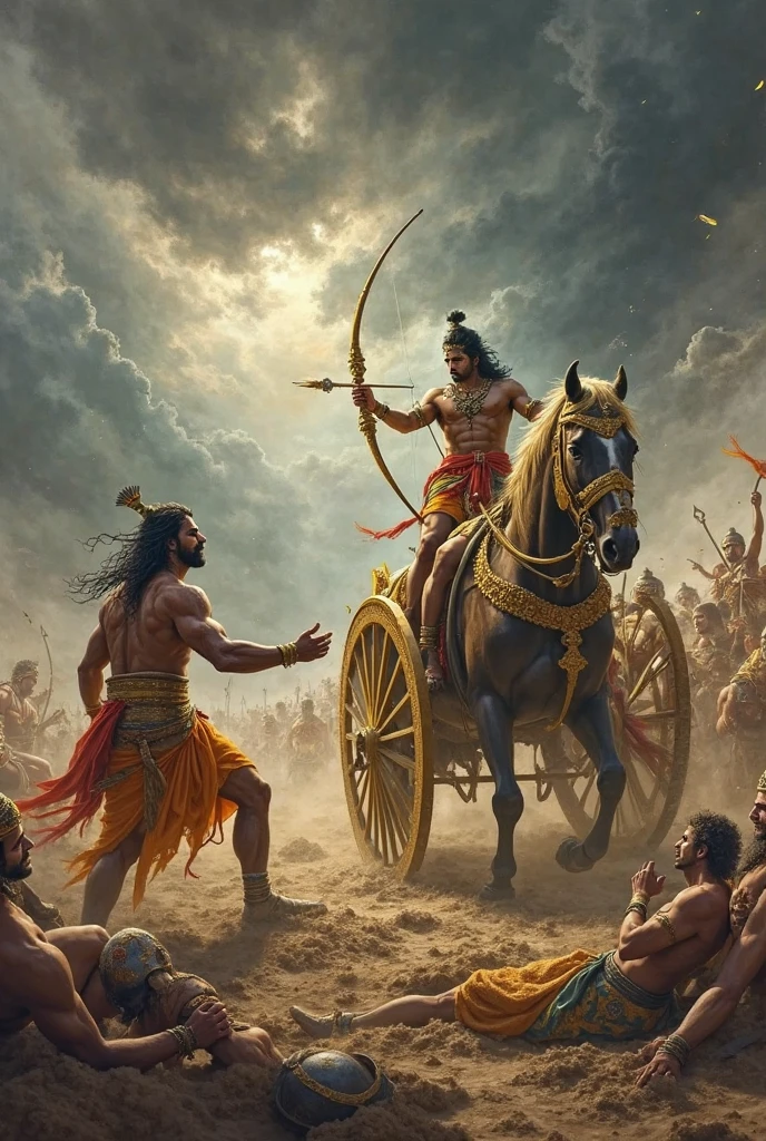 Arjun handling bow and arrow on the chariot with lord krishna wearing peocock feather crown, on chariot Indian flag is their going to beat all diseases and crurlism in this modern world