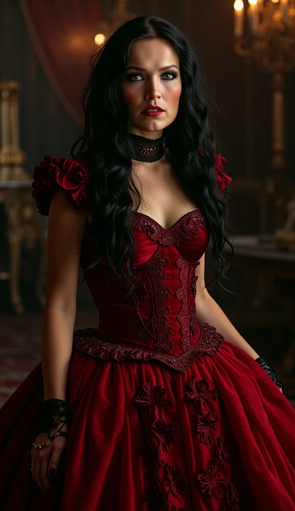 (RAW photo), masterpiece, highest quality, 8k wallpapers, (photo realism: 1.4), (high resolution), super detailed, (realism: 1.2), (best quality: 1.3), A macabre haute couture gown crafted from blood-red textiles, adorned with intricate lace-like patterns resembling veins and arteries. The fabric seems to pulse and flow, giving the illusion of a living garment. The gown drapes elegantly on a mannequin, casting eerie shadows. The room is dimly lit, with flickering candlelight casting dancing shadows on the walls, enhancing the eerie atmosphere. The air is heavy with a mix of anticipation and dread. The gown's texture is captured in a high-resolution photograph, using a macro lens with a focal length of 100mm, creating an intense and intimate portrayal of the blood-textured fabric,