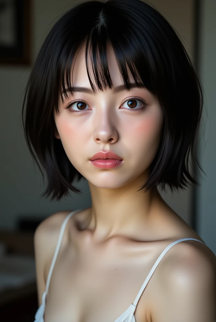 (( Best Quality )), ((masterpiece)), ( details),   first-person view  , Japanese girl,    sexy,(       Bring Your Face Closer ),((open their mouths,  sleepy expression , small eyes)),((underwear)), short hair,   black hair, (((   without makeup )))