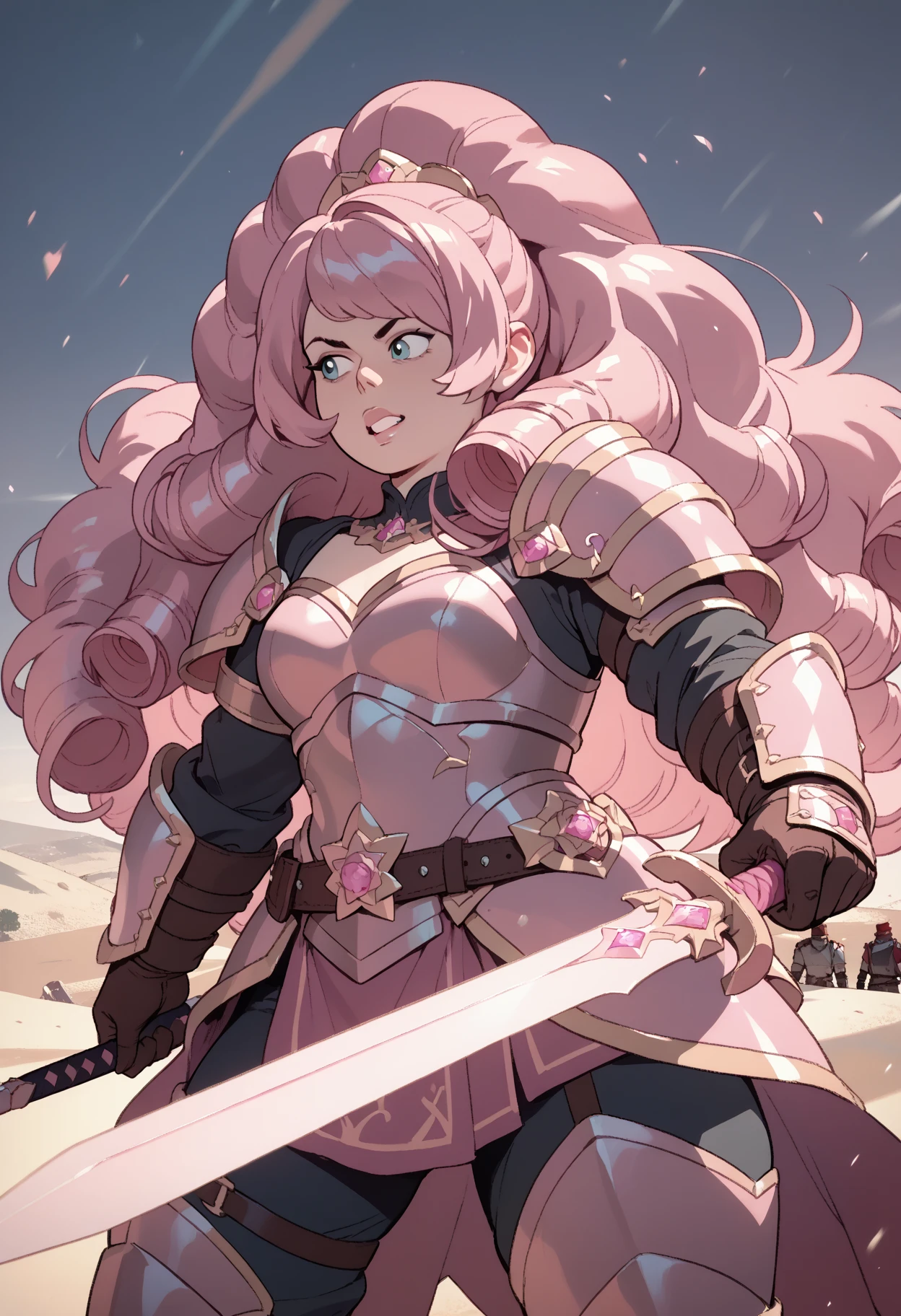 female warrior, long pink hair, blue eyes, dynamic pose, wearing Victorian-era armor, ((background: a sky full of clouds))
