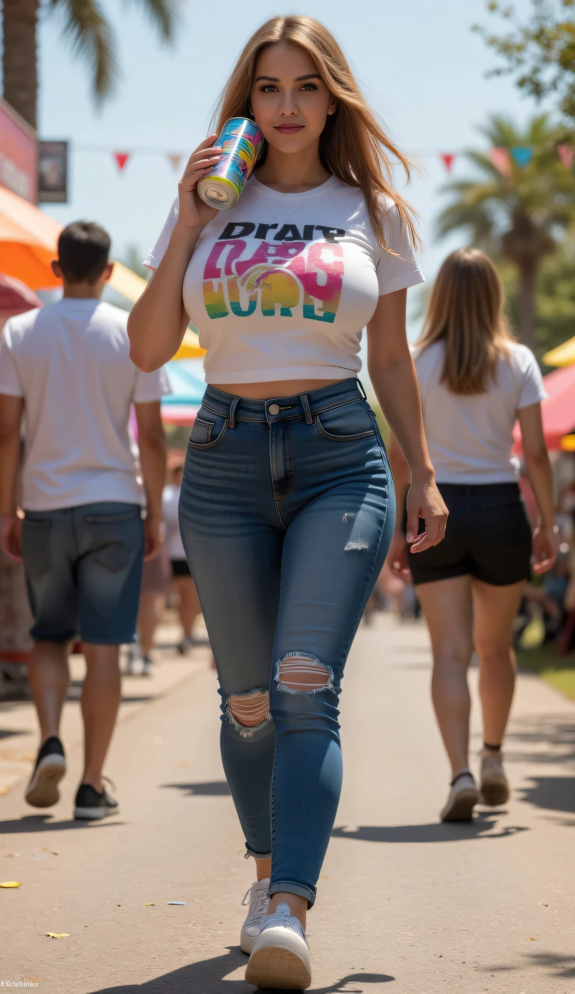 **Prompt:** Envision a bustling urban park during a lively pop culture festival, where a radiant and busty young woman strides confidently along the pavement. Captured in hyper-realistic detail, she holds a strikingly designed oversized size can of energy drink, taking a refreshing sip. Dressed in a stylish, form-fitting pop style t-shirt and jeans outfit that highlights her dynamic energy, she embodies vitality and strength. Surrounding her is an engaging park scene filled with vibrant colors, lively festival-goers, and eclectic art installations, each element gleaming in the sunlight. Utilize central leading lines to create a sense of depth and movement, drawing the eye through the intricate layers of the setting. The image should be rendered in UHD quality, where the ambient lighting enhances the texture of her outfit, the sparkle of her shining, sweaty, and oily skin, and the flow of her hair in the breeze. The artistic style can incorporate subtle rainbow punk elements, blending modern and vintage aesthetics reminiscent of immersive video game worlds, inviting viewers to feel the vibrant energy of contemporary pop culture.