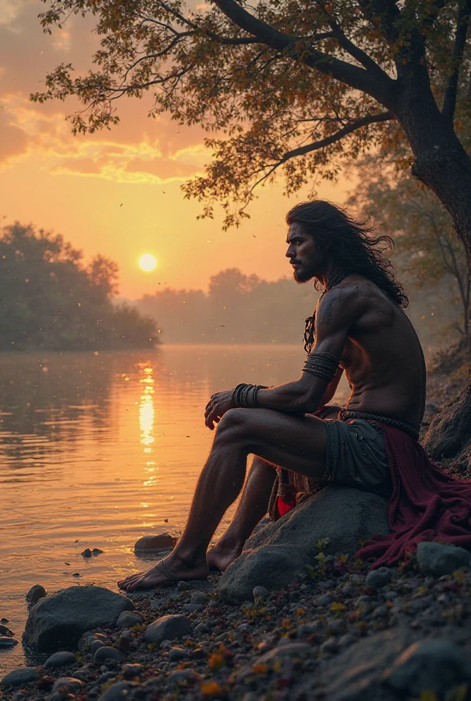 "A serene yet intense scene of Karna sitting alone near a riverbank under a twilight sky. The soft golden hues of the sunset reflect on the water, creating a mystical atmosphere. Karna, wearing his warrior attire, sits on a rock, deep in thought, questioning his fate. His face shows a mix of sadness, determination, and contemplation. In the background, faint divine energy surrounds him, symbolizing his connection to fate and destiny. The river flows calmly, contrasting with the storm within Karna's mind, highlighting his internal struggles and philosophical
