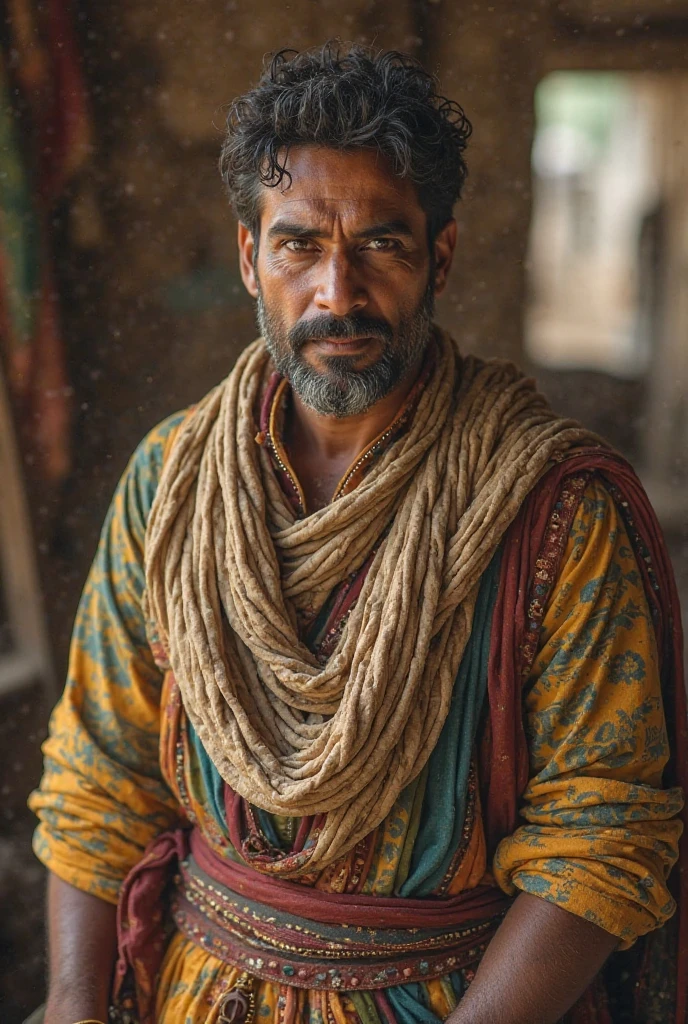 An American man with a mustache and a brown turban, no beard, the turban has colorful scarves wrapped around it, full-body view