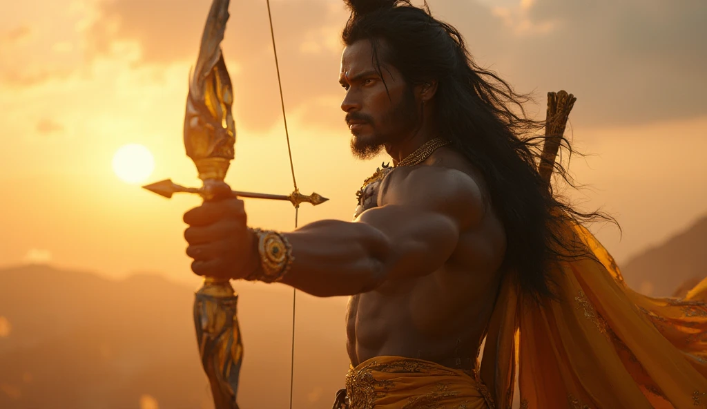 warrior from Madukara, handsome, dashing, sturdy, with long black hair tied in a bun on top of his head. wearing a white cloth draped over her shoulders flowing to her waist and clad in gold accessories, squatting facing the camera in a dramatic archery pose, holding a large gold bow with a glowing arrow at the tip, raised upwards and pressed against her forehead (praying). The man poses with one leg bent upwards and one foot on the floor. Below it is a circle of water or portal that glows with bright colors, and inside it you can see koi fish. The background is a multi-storey building typical of Javanese architecture which is shrouded in mist, creating a mystical and calm atmosphere.