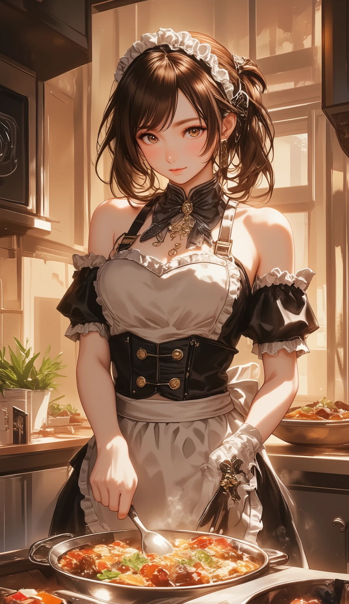 (from below:1.2), (perky chest:1.2), (pointed chest:1.2), 1girl, Bust A Cup, Amazing Cleavage:1.1, thin waist, big ass, Raised cute, small breast: 1.1 posed cleavage:1.2、solo, looking at viewer, have a cute glass of cute beer glass,black hair, dark green eyes, dress, bare shoulders, jewelry, collarbone, side locks, hairband, earrings, indoors, off shoulder, arms behind back, plants, short hair with long locks, gild hairband, off-shoulder dress, sweater dress, off-shoulder sweater, red sweater, dark gold hair, big side hair, very long side hair,is rendered in (masterpiece: 1.2, best quality), with (ultra high resolution) and an exquisite (depth of field). This masterpiece is not only visually stunning but also tells,A scene of cooking in the kitchen