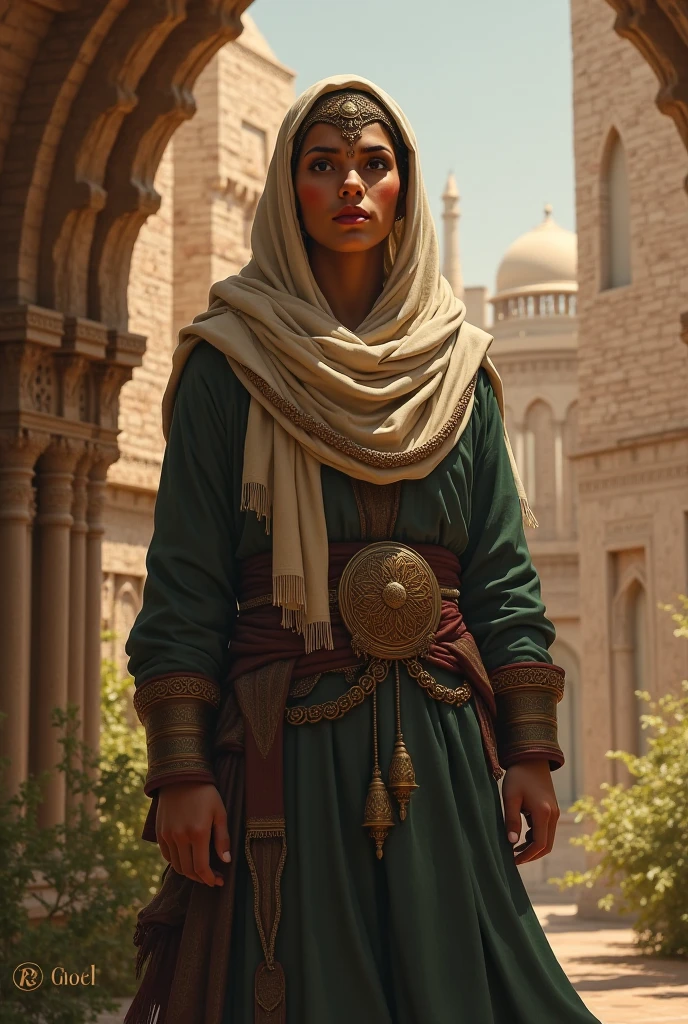 1girl, solo, photography, portrait of arabarmor girl with group of army in dune, shield, sword, realistic, absurdes, detailed,  <lora:ARWArabArmor:1>