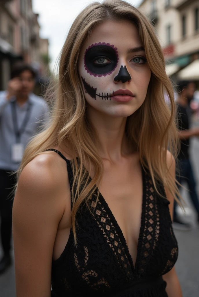 1 woman, 30yo,realistic photo, raw, close-up portrait:1.5, she has (las Muertos makeup:1.4) on, her face painted like white skull, she's beside a natural blue lagoon hot-springs, travertine, outside, sun has just set, orange red sky, backlit (hot-springs steam:1.1) , (she's wearing tshirt, a colorful hand-made jacket, jean shorts and fuzzy warm boots),(she has worn baseball trucker hat:1.2) on, hat has sunflower patch on front, hat is pulled down to her eyes, (relaxed intimate photoshoot), blonde hair, beautiful face, joyful woman, slight smile, she's happy here, perfect dusk, cozy relaxed, looking into the camera, beautiful hands, kind eyes, (exterior is beautiful landscape:1.6), gorgeous extraordinary natural sunset lighting:1.4, sunset colors, incredible details, ((high contrast)), (deep, darkest shadows), (shadow details:1.0), ((taken using Leica camera, aperture: f/2.3)) , hyper-realistic skin, pores and freckles, (she has blonde hair, long and messy), healthy sun-kissed skin, blushing, her arms relaxed, blankets around her, relaxed moment, she's in dark with natural light glow, (romantic light:1.2), radiant skin, perfectly framed face, perfect relaxed hands, perfect fingers, (perfect portrait, incredible eyes:1.1), a work of art, beautiful composition, golden ratio, playful joy, inspiring, (highest quality fabric texture), every detail,Fine facial features – (Highest Quality) ,Leica camera film, High quality ○○ detailed – ○○ details ultra detailed(Ultra-fine ), Photorealistic, Extremely detailed(Extremely detailed) , (highest detail image, lens flare, realistic)○○ res – ○○ resolution ultra high res(A high resolution),playfully sexy and relaxed photos