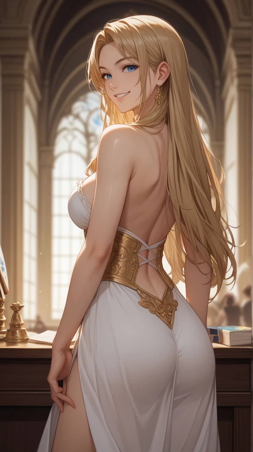 Super detailed、highest quality、Best image quality、masterpiece、8K、Anime Face、A kind smile、Open Mouth、Sparkling Blue Eyes、(Long blonde wavy hair:1.5)、Heavy bangs、Wearing a maid headband、(SFW huge body)、(((Rear view)))、Cowboy Shot、(Wearing a white thong:1.3)、Muscles of the whole body、Kneel、(Place your hands on your hips:1.2)