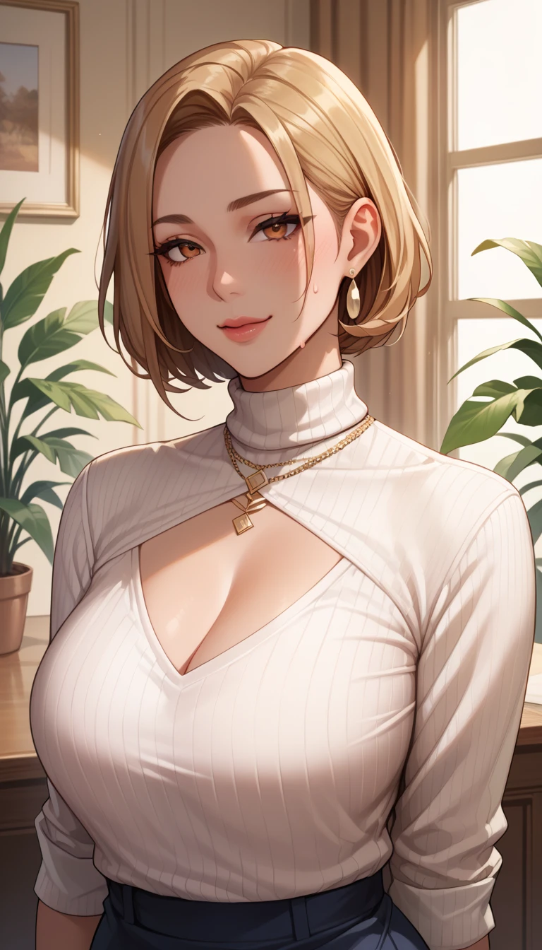 score_9, score_8_up, score_7_up, score_6_up, score_5_up, score_4_up, solo, thicc Ashely Graham from resident evil 4, ((mature mom)), short blonde hair, brown eyes, ((orange sleeveless turtleneck sweater with a burgundy sweater around her neck)), green plaid skirt, big thick full lips, ((pouted lips)), red eyes, ((squinting eyes)), ((full body)), ((NSFW)), sexy, seductive, alluring, cute smile, joyful, (((arms's rest squeezing breasts))), (((gigantic breasts))), ((sagging breasts)), big nipples, wide hips, thick thighs